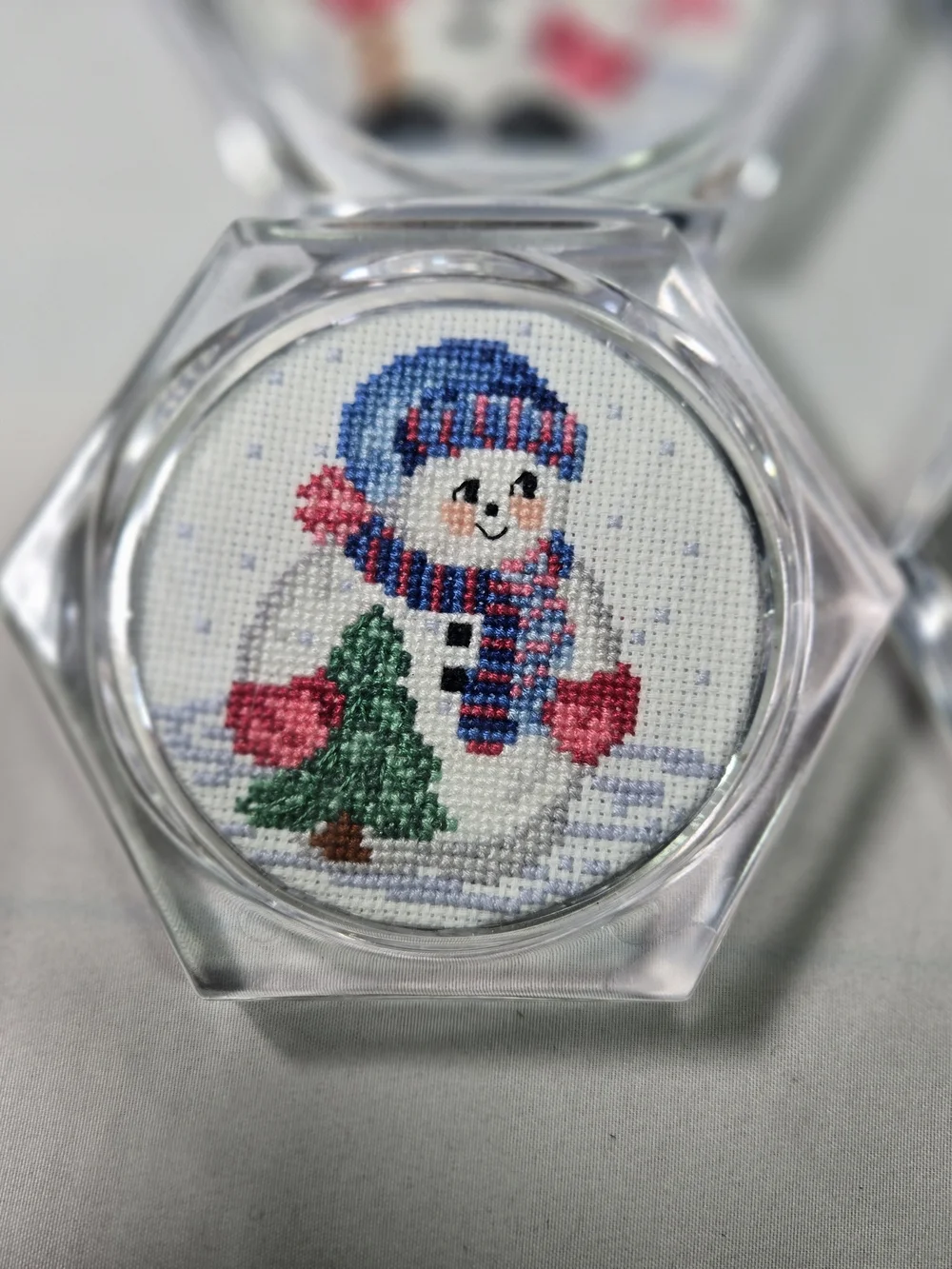 Vintage Set of 6 Clear Acrylic Hexagon Christmas Coasters Cross Stitch Cottage